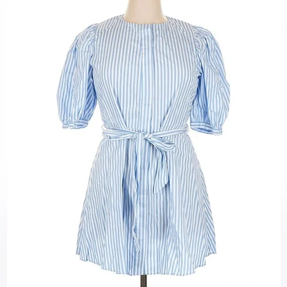 Zara ZW Collection Blue Striped Poplin Mini Dress Puff Sleeve Cotton XL NWT - Picture 5 of 9
